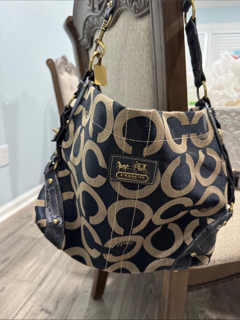 Coach Blue and Tan Signature Canvas Shoulder Hobo